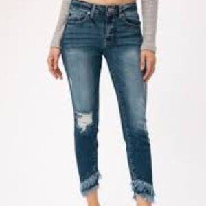 KanCan Jeans Womens 11/29 Mid Rise Fringe Ankle Skinny Distressed Blue (29x25)